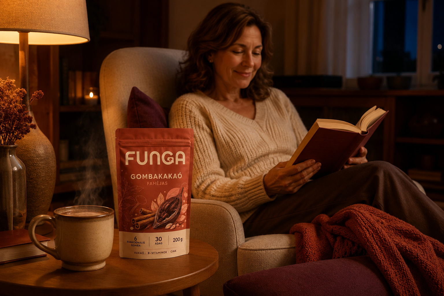Nő olvas egy fotelben, mellette fahéjas FUNGA gombakakaó csomag és gőzölgő kakaó