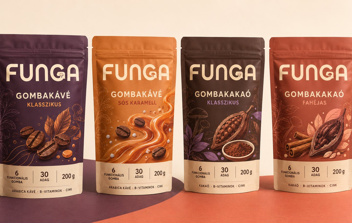 A négy FUNGA csomag együtt, szilva háttér előtt